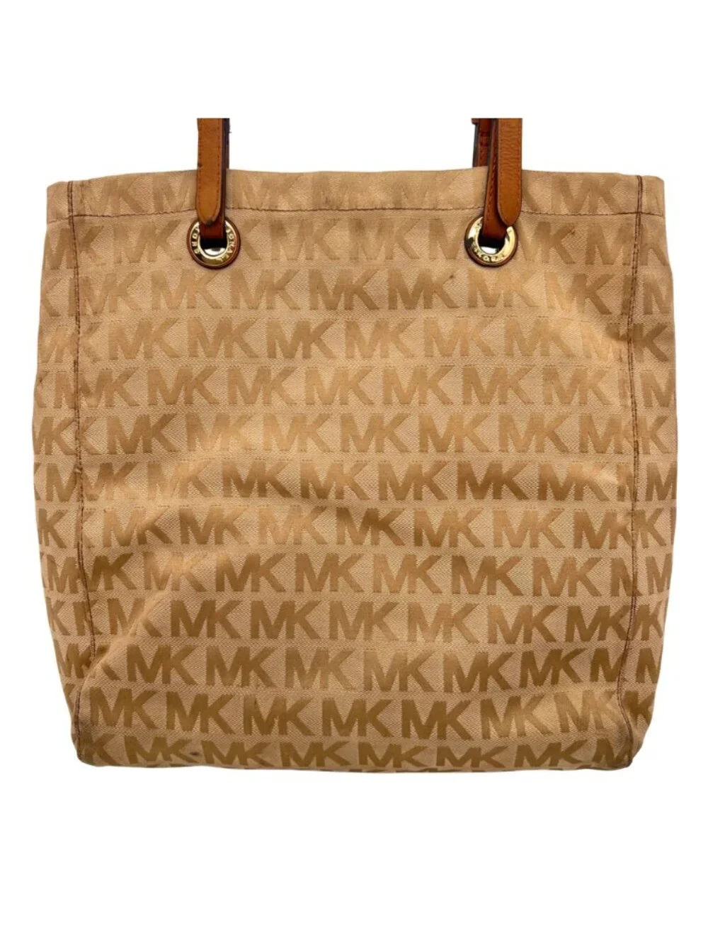 Michael Kors MK Logo Canvas Tote Bag Adjustable Leather Straps Beige Brown Gold